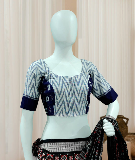 White Blue Pasapali Theme Odisha Ikat Sambalpuri Cotton Blouse 