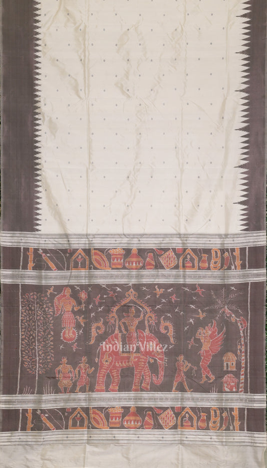 Off White with Silver Zari (Tissue) Phoda Kumbha Sambalpuri Silk Saree