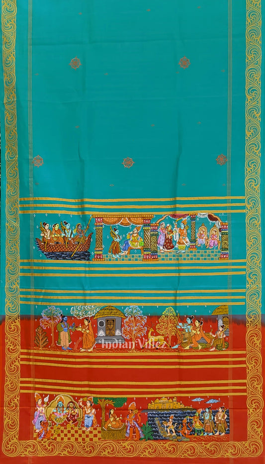 Green Ramayan Theme Hand-Painted Pattachitra Saree