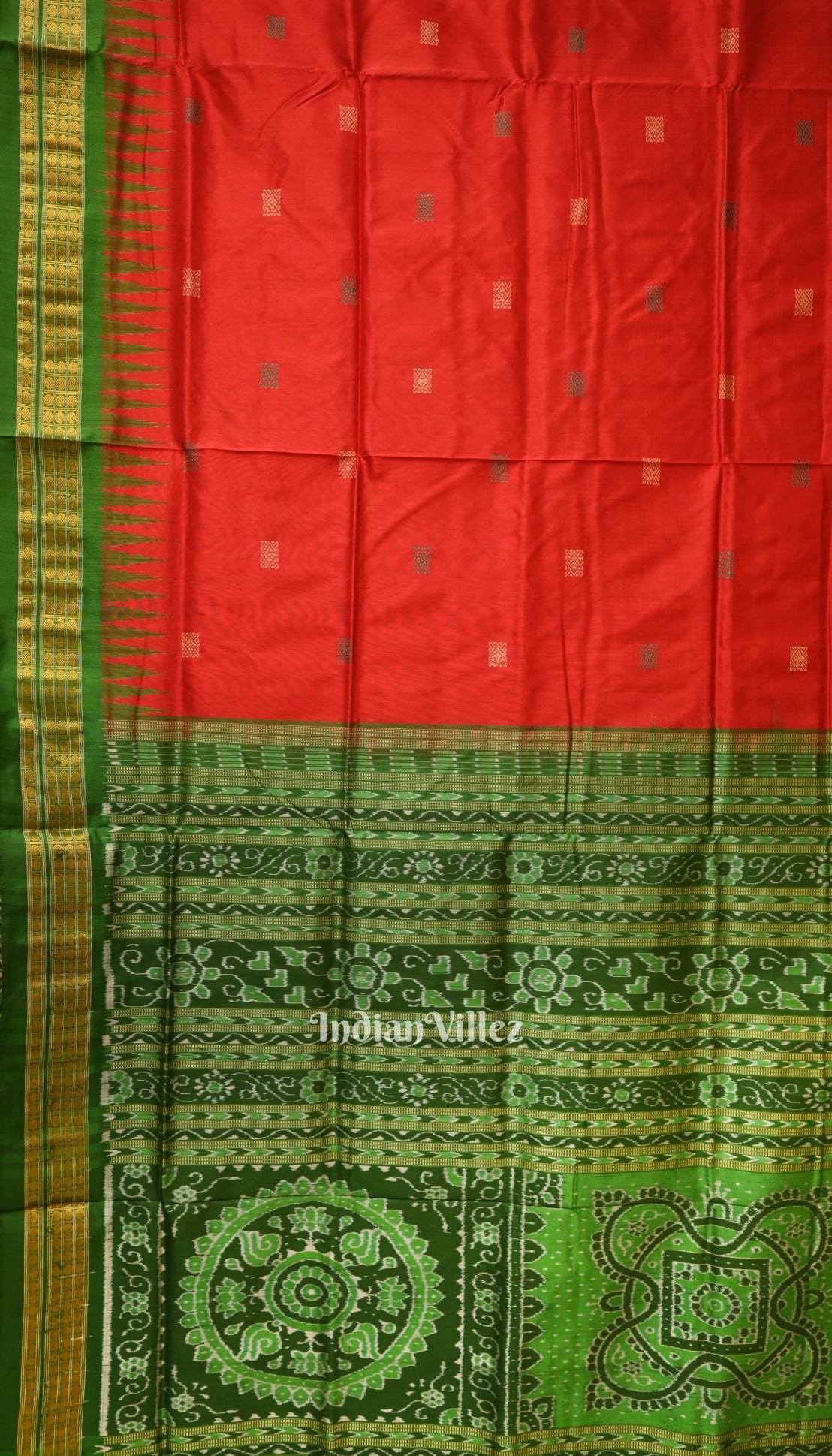 Red Green Bomkai With Tissue Border Odisha Ikat Silk Saree