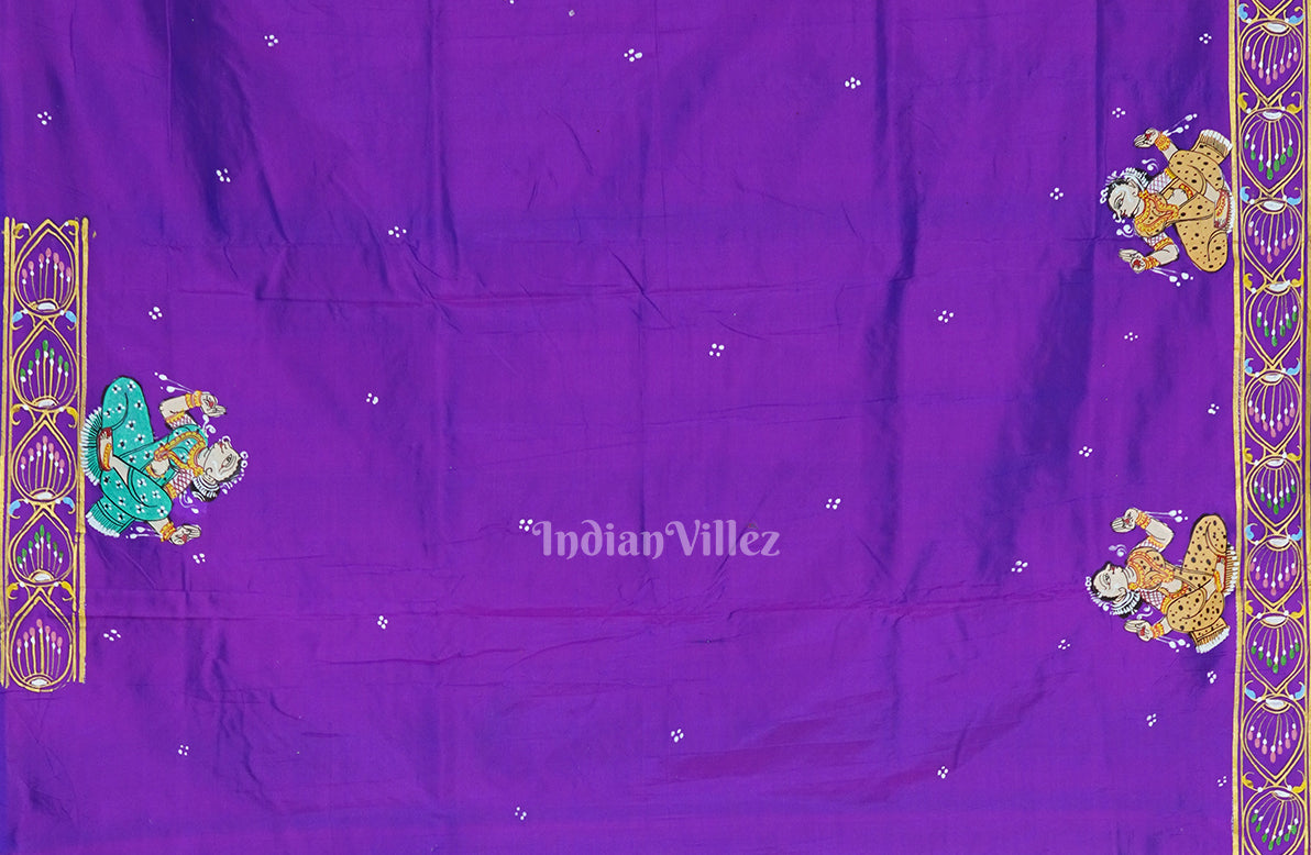 Purple Duotone Radha Krishna Boita Theme Pattachitra Pure Silk Saree