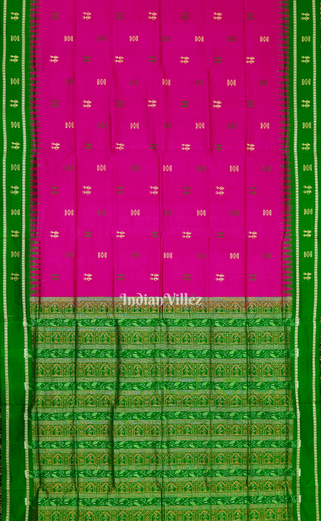 Rani Pink With Green Sambalpuri Ikat Bomkai Silk Saree