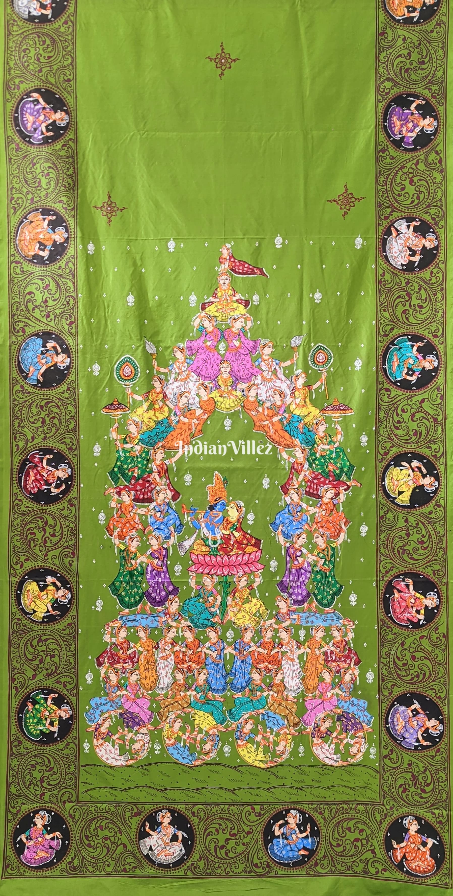 Parrot Green Kandarpa Rath Hand-painted Pattachitra Saree