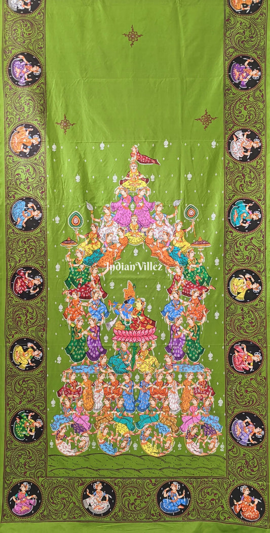 Parrot Green Kandarpa Rath Hand-painted Pattachitra Saree