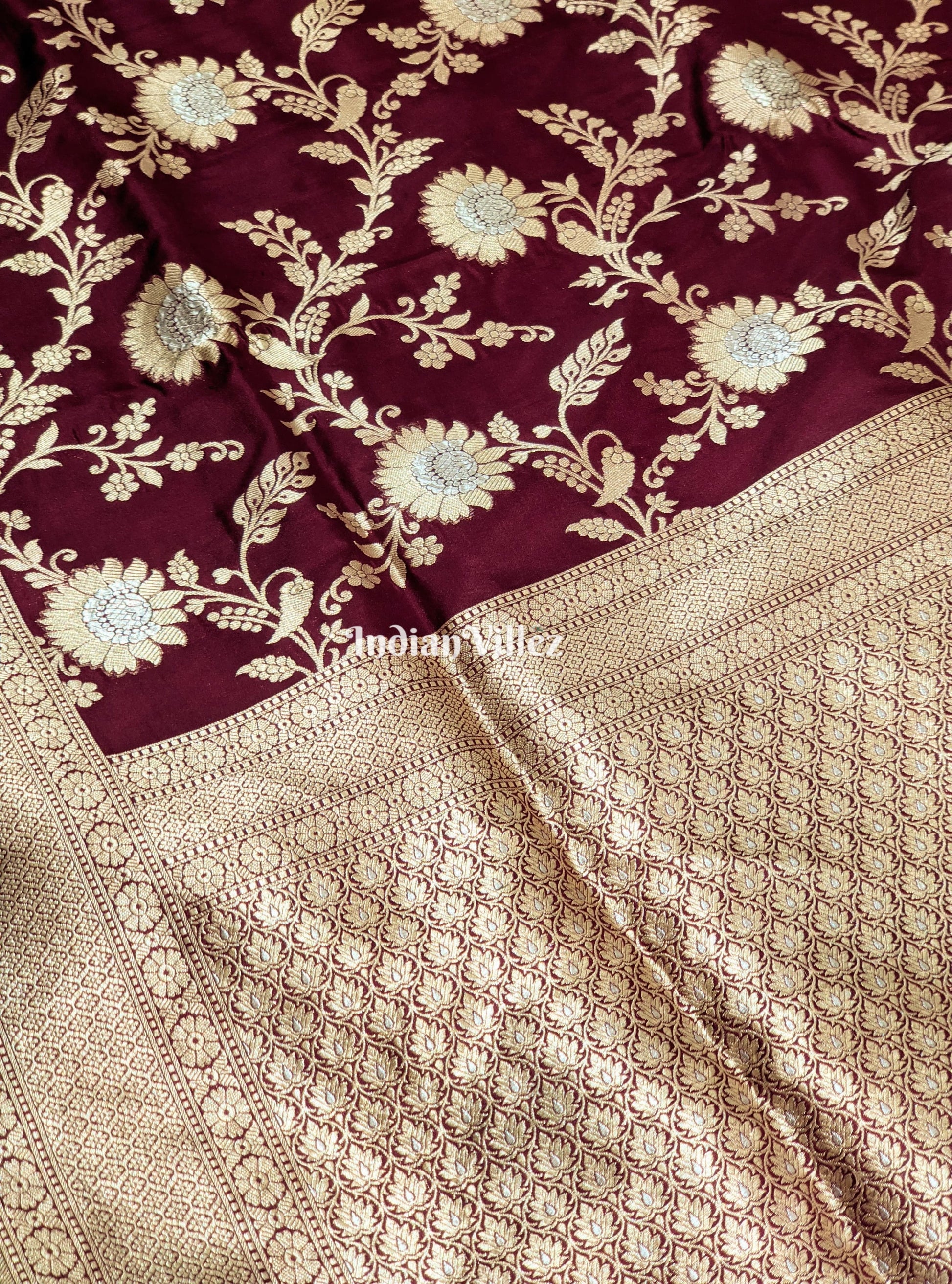 Wine Floral Motif Designer Banarasi Katan Silk Saree