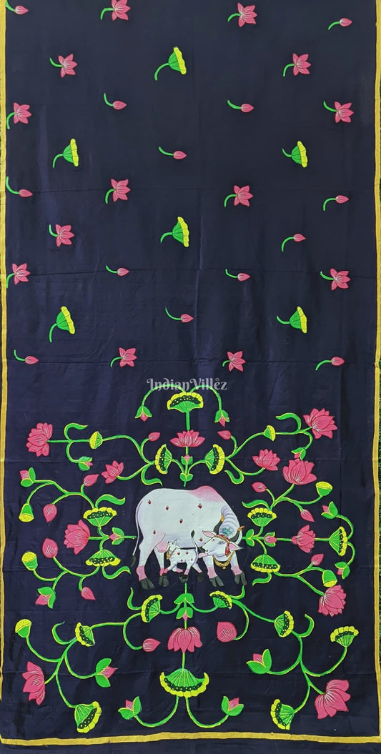 Hand Painted Pichwai Art on Blue Mulberry Silk Saree