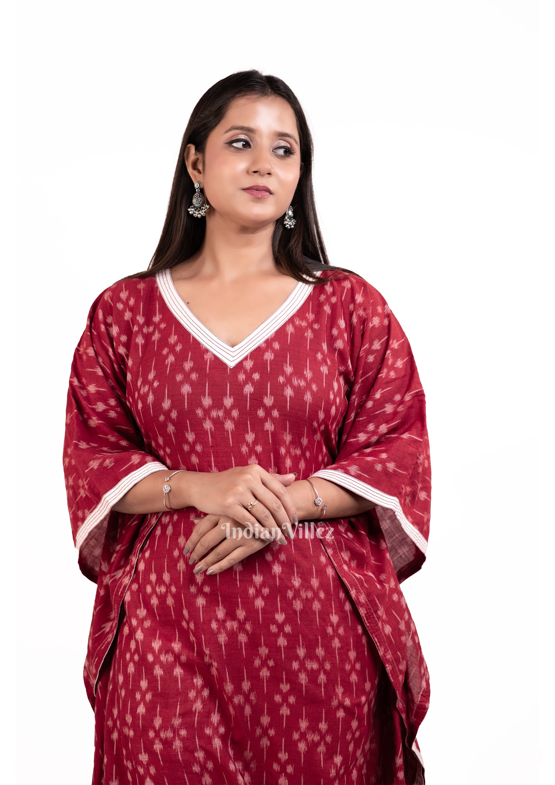  Maroon Sambalpuri Odisha Ikat Designer Cotton kaftan Set  for Women 