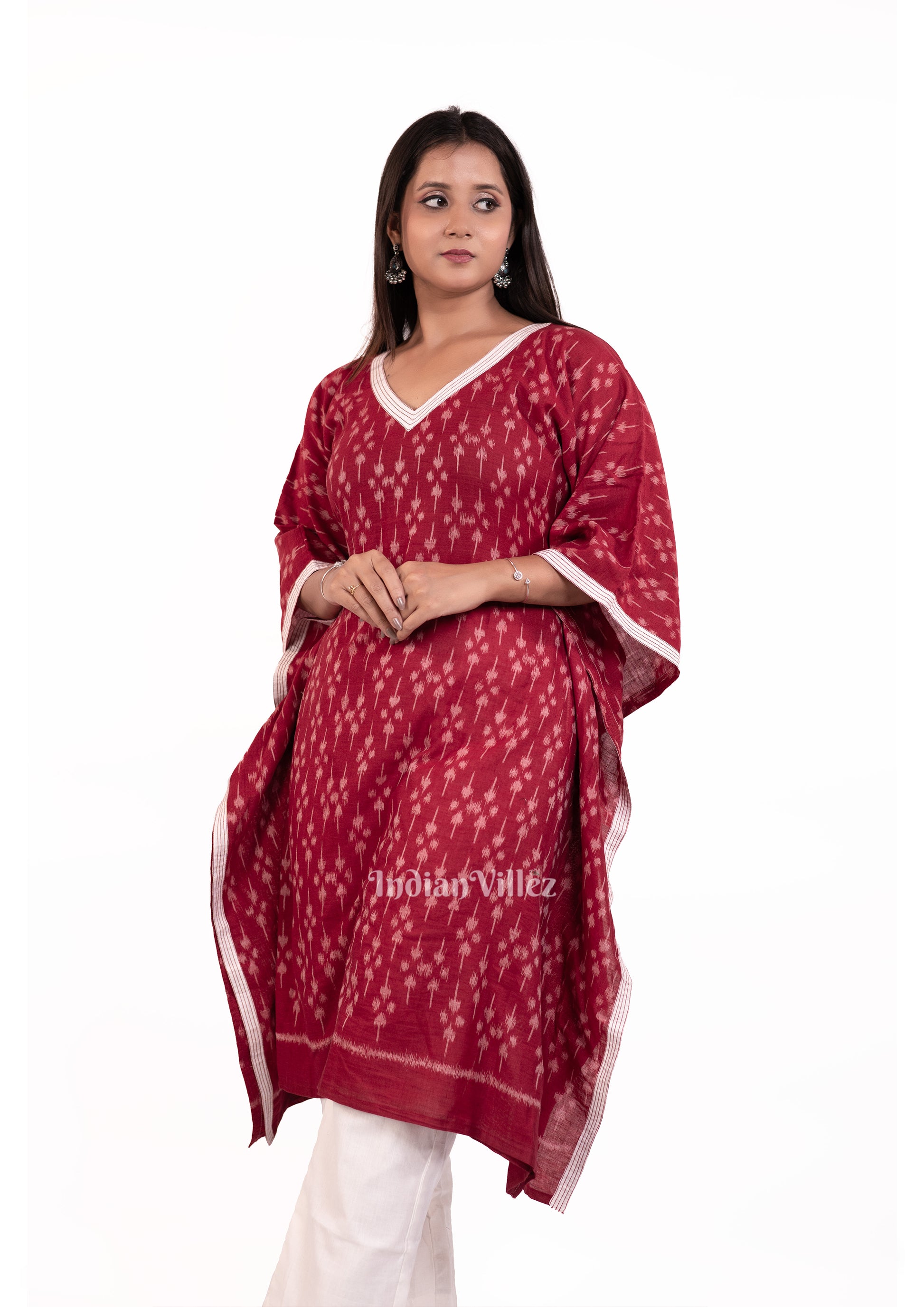  Maroon Sambalpuri Odisha Ikat Designer Cotton kaftan Set  for Women 