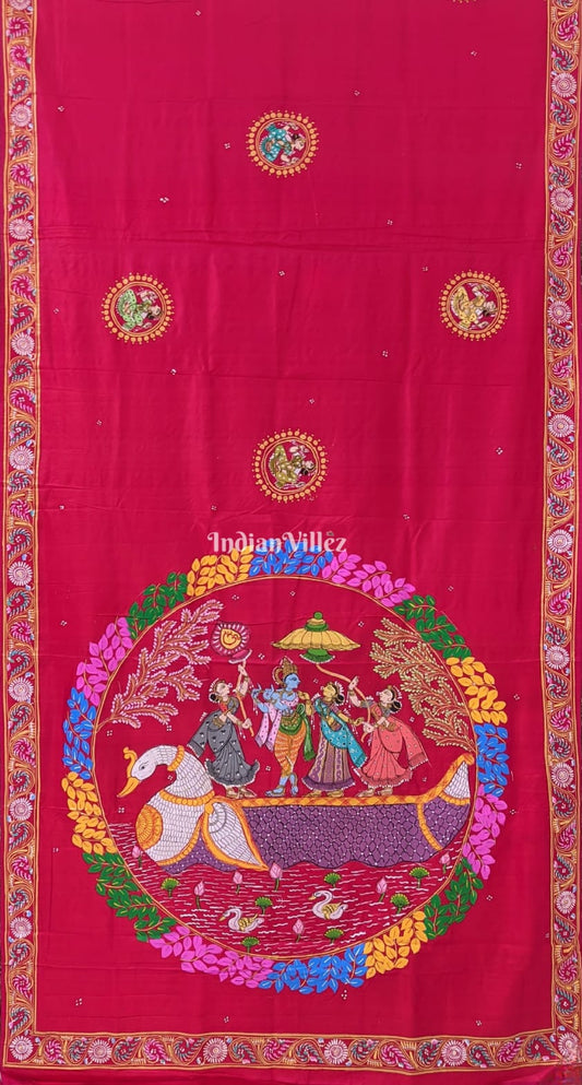 Red Radha Krishna Pattachitra Art Pure Silk Saree