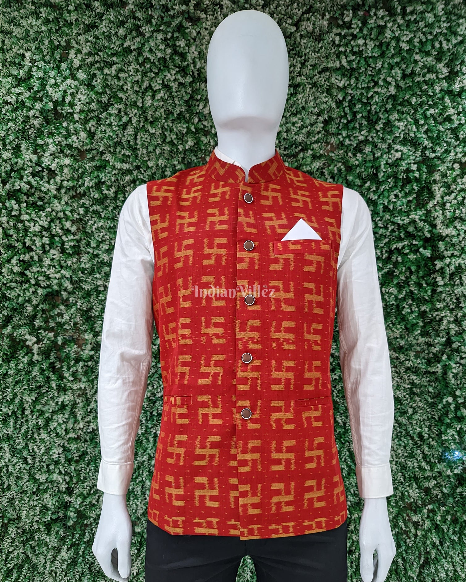 Red Swastik Design Odisha Ikat Cotton Half Bandi Jacket for Men