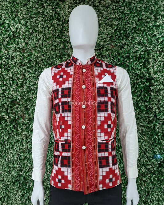 Red Black Pasapali Odisha Ikat Cotton Half Bandi Jacket for Men