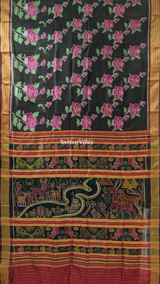 Black Rose Flower Theme Khandua Silk Saree