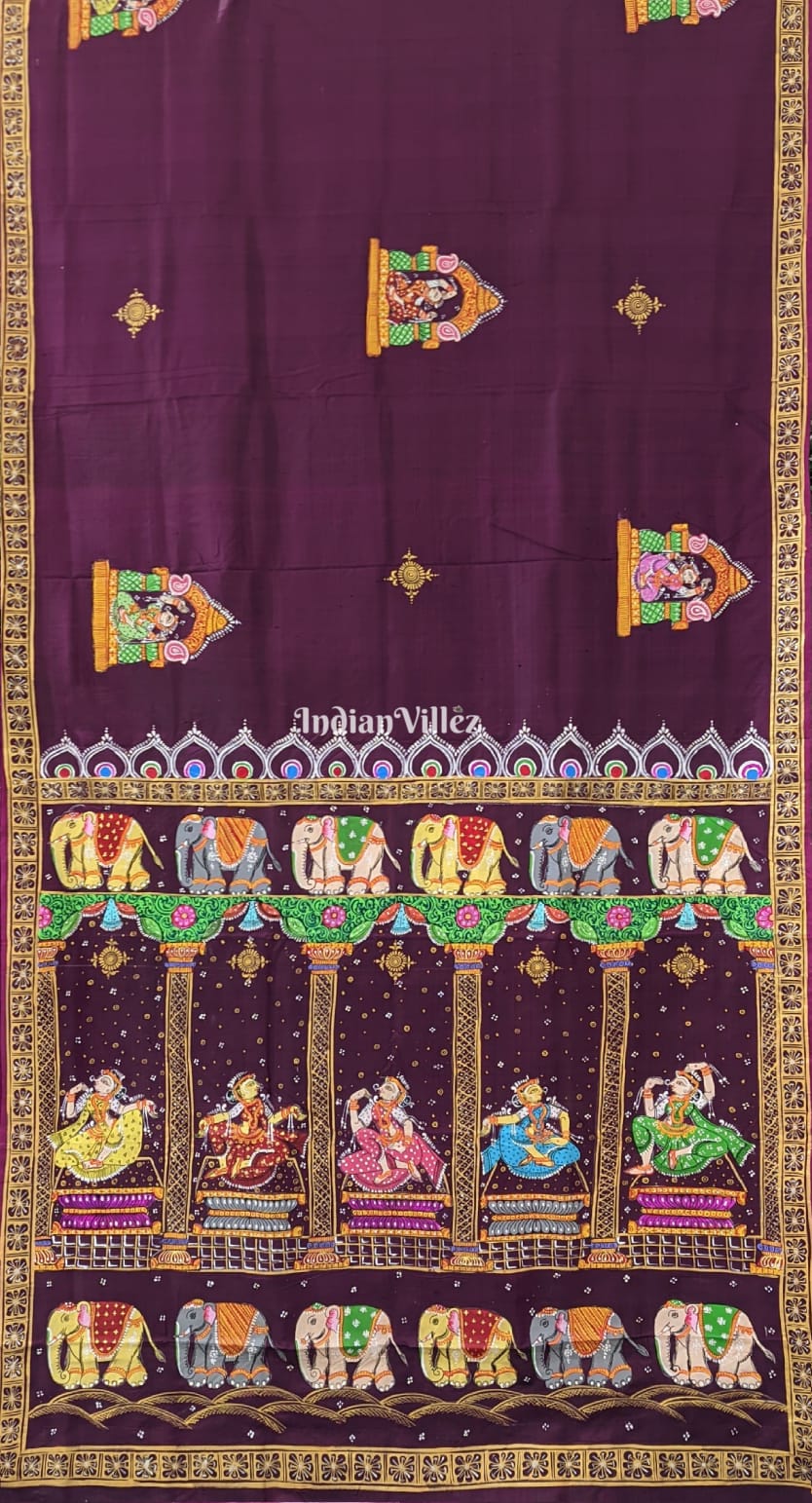 Wine Color Elephant Nartaki Pattachitra Pure Silk Saree