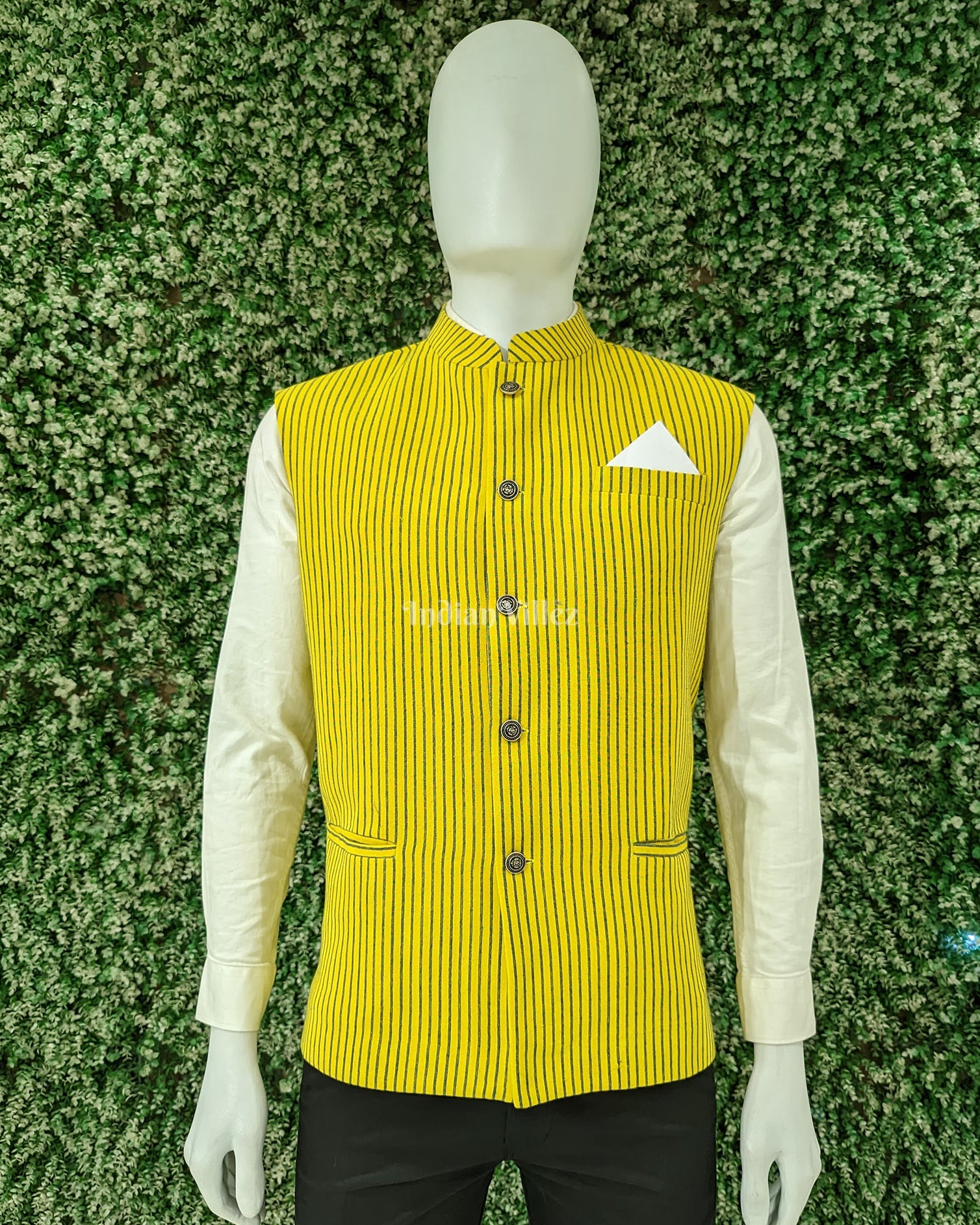 Yellow Kotpad Striped Design Half Bandi Jacket for Men