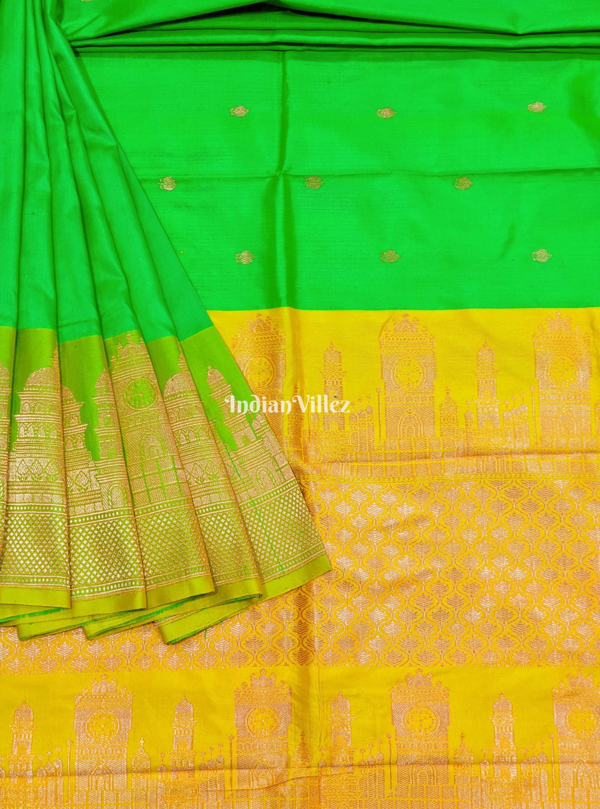 Green Banarasi Katan Silk Saree Inspired by Big Ben, London & United States Capitol, Washington DC