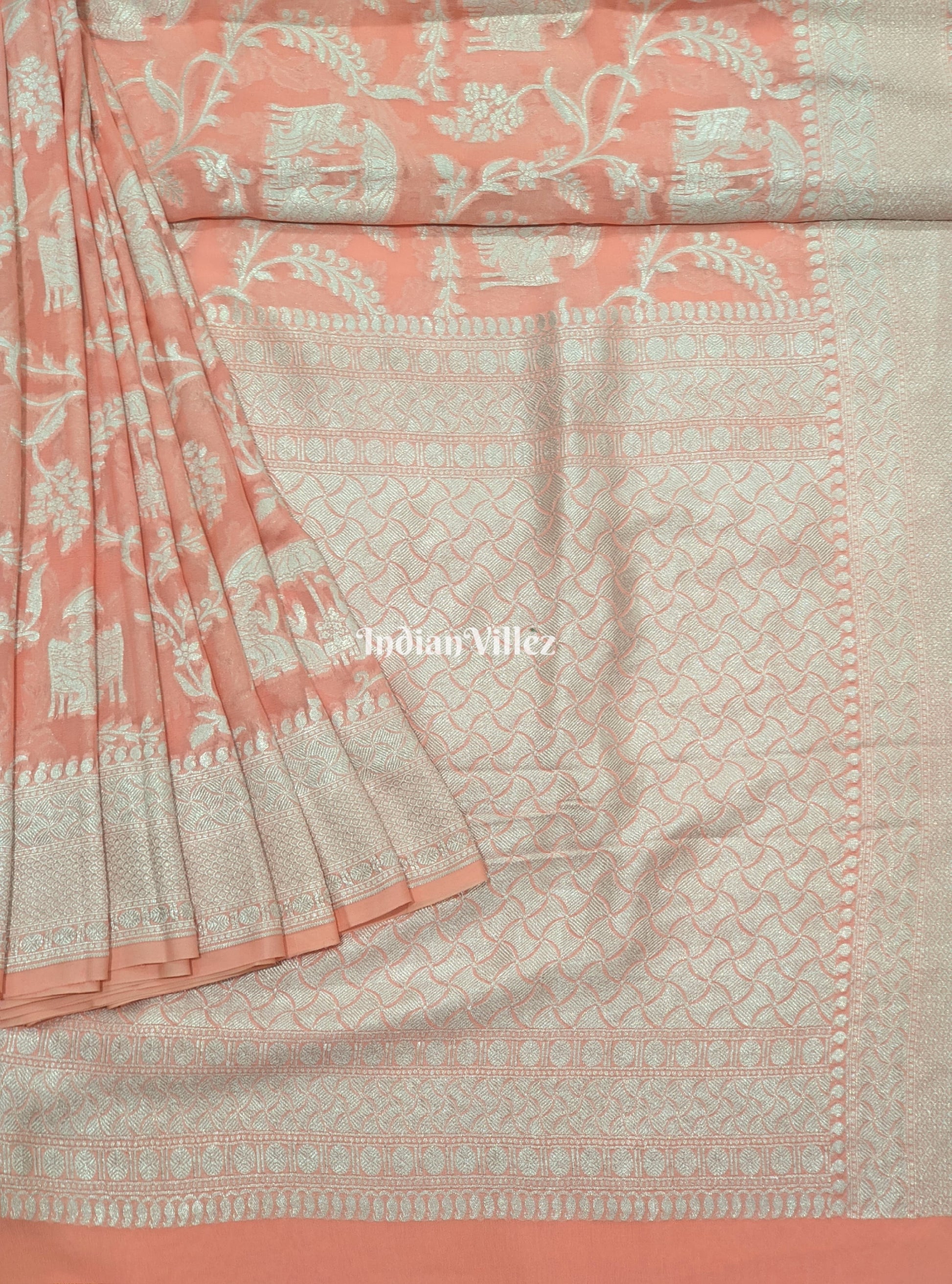 Peach Animal Motif Banarasi Georgette Shikargah Saree