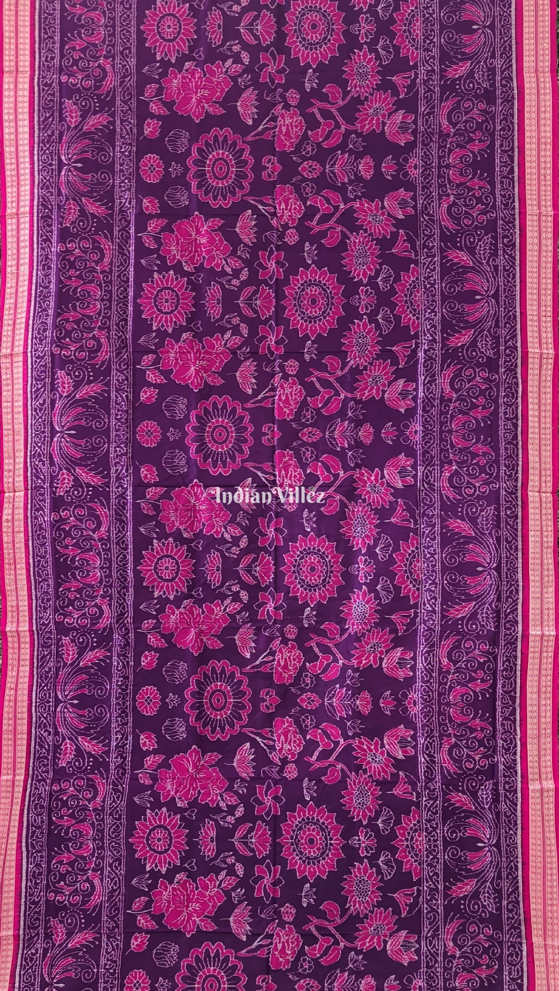 Purple Pink Flower Design Sambalpuri Pure Silk Saree