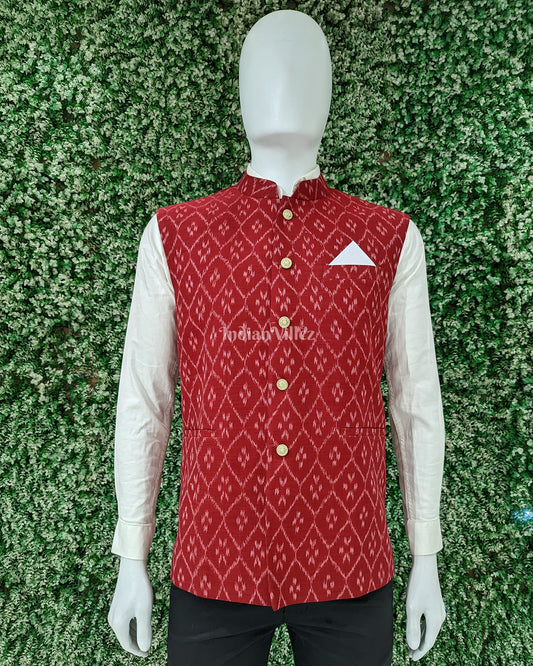 Red Odisha Ikat Cotton Half Bandi Jacket for Men