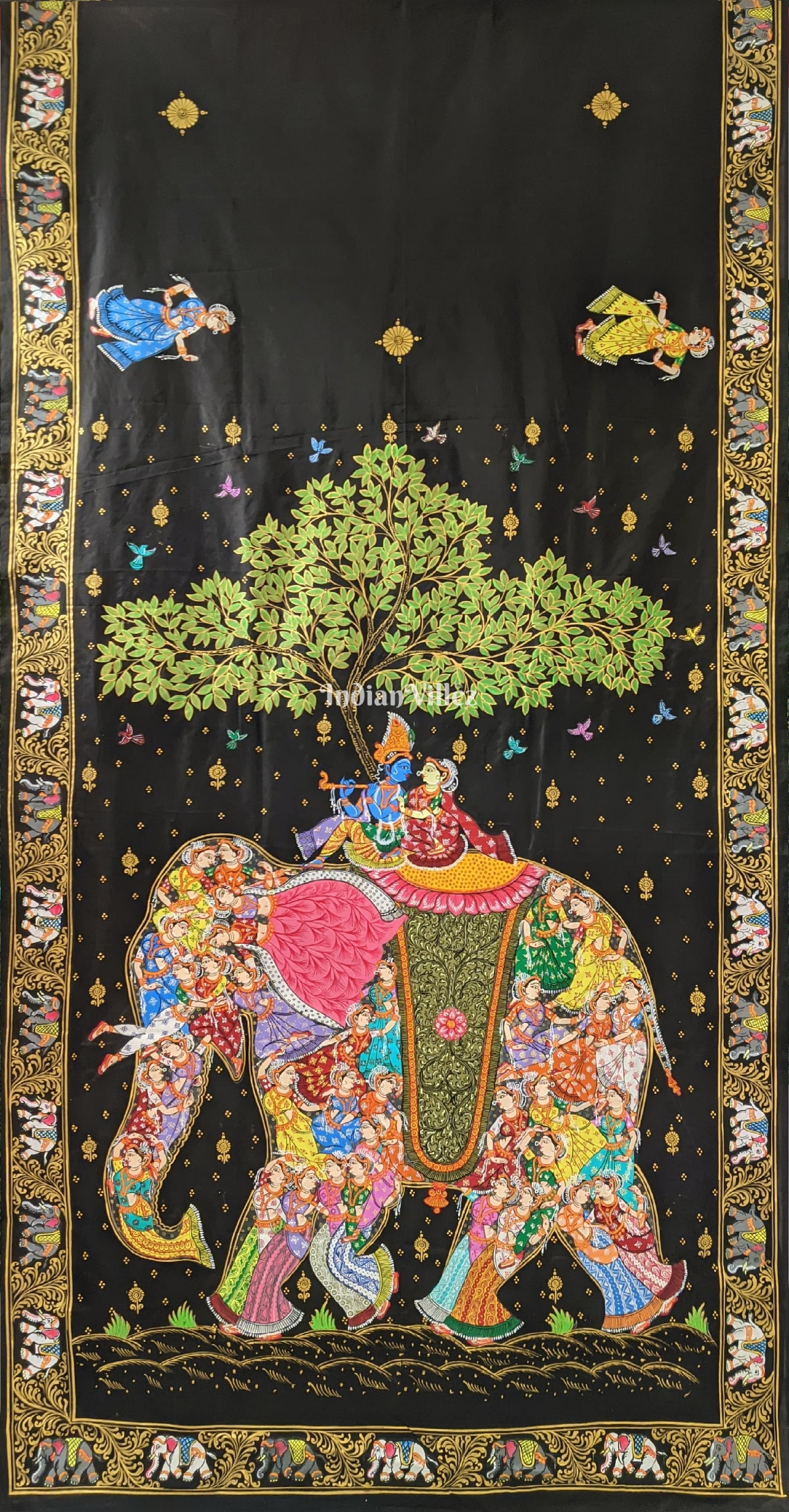 Black Kandarpa Hati (Elephant) Pattachitra Silk Saree