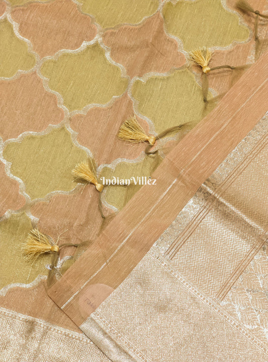 Lemon Peach Zari Woven Banarasi Tissue Saree