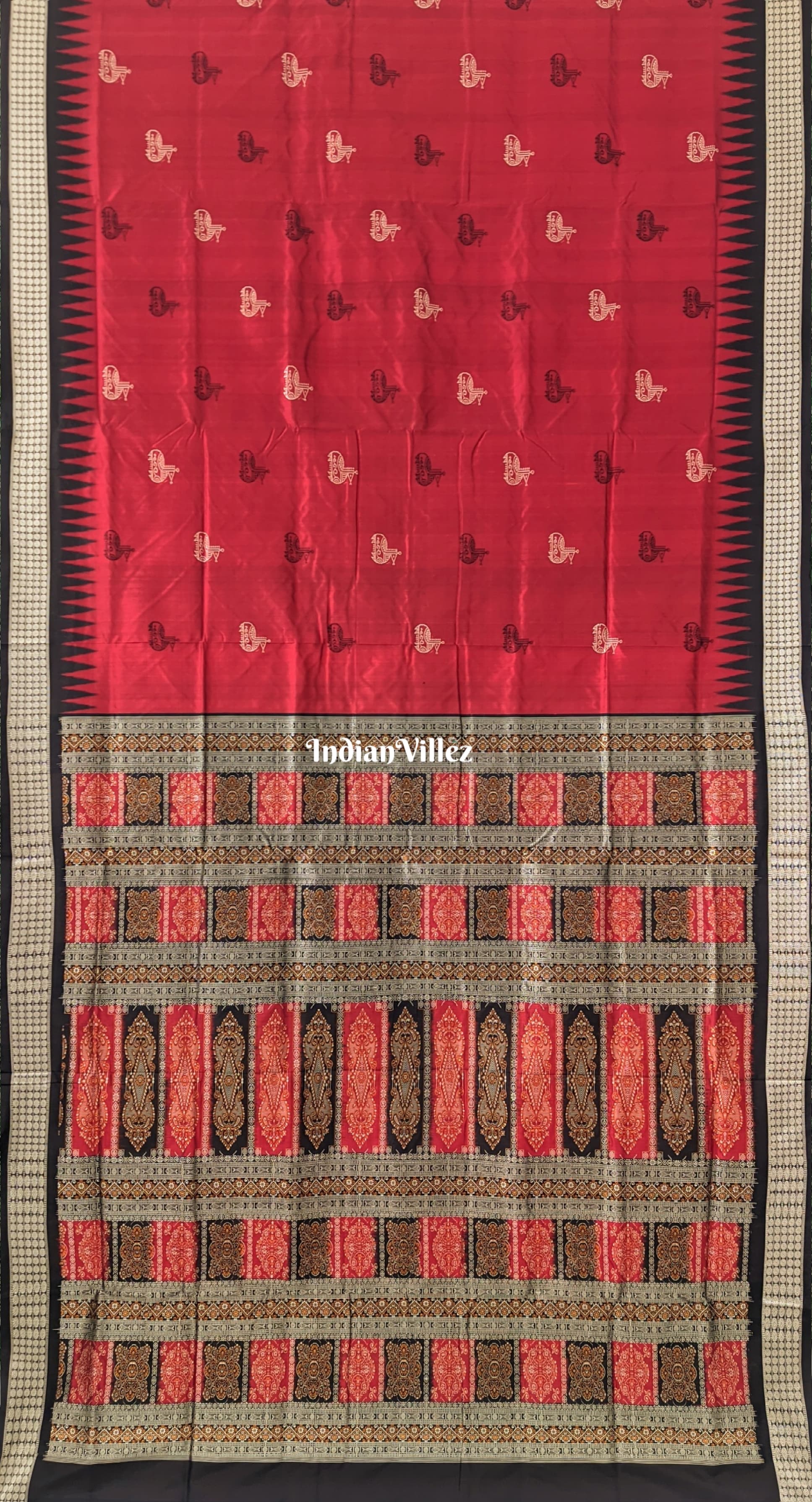 Maroon Black Boita Design Sambalpuri Bomkai Silk Saree