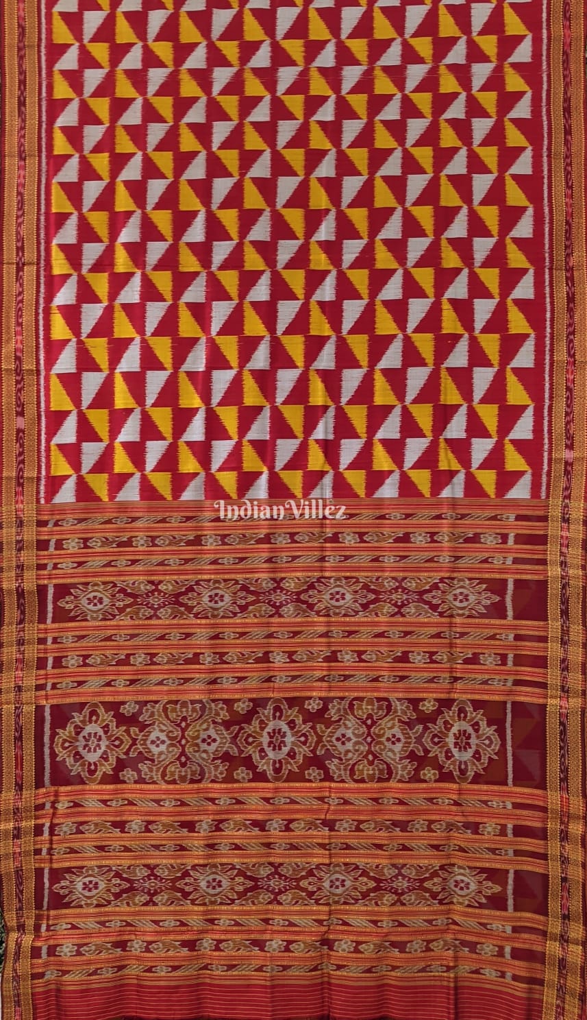 Maroon Yellow White Odisha Ikat Khandua Silk Saree