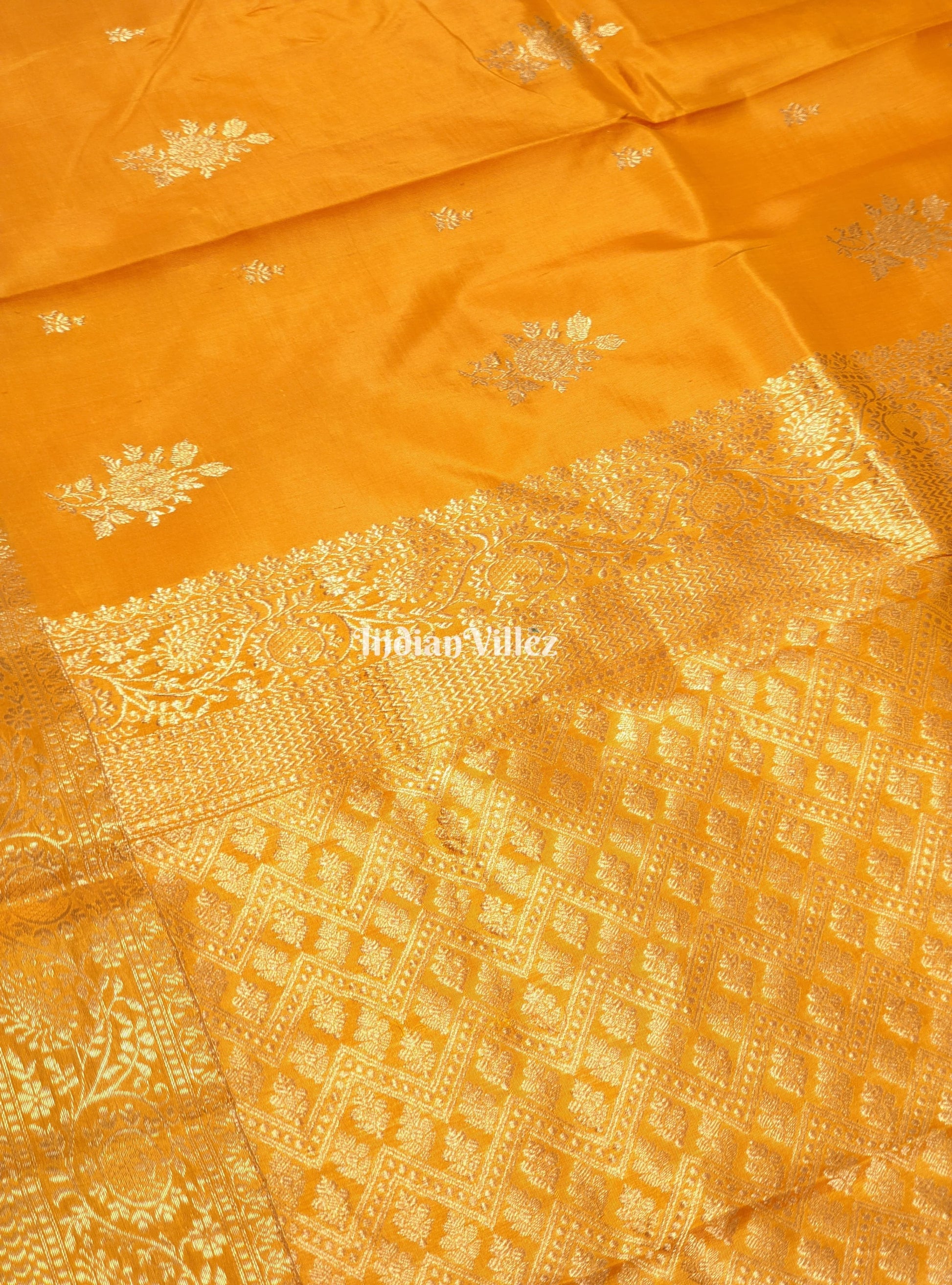 Yellow Floral Motif Designer Katan Silk Banarasi Saree