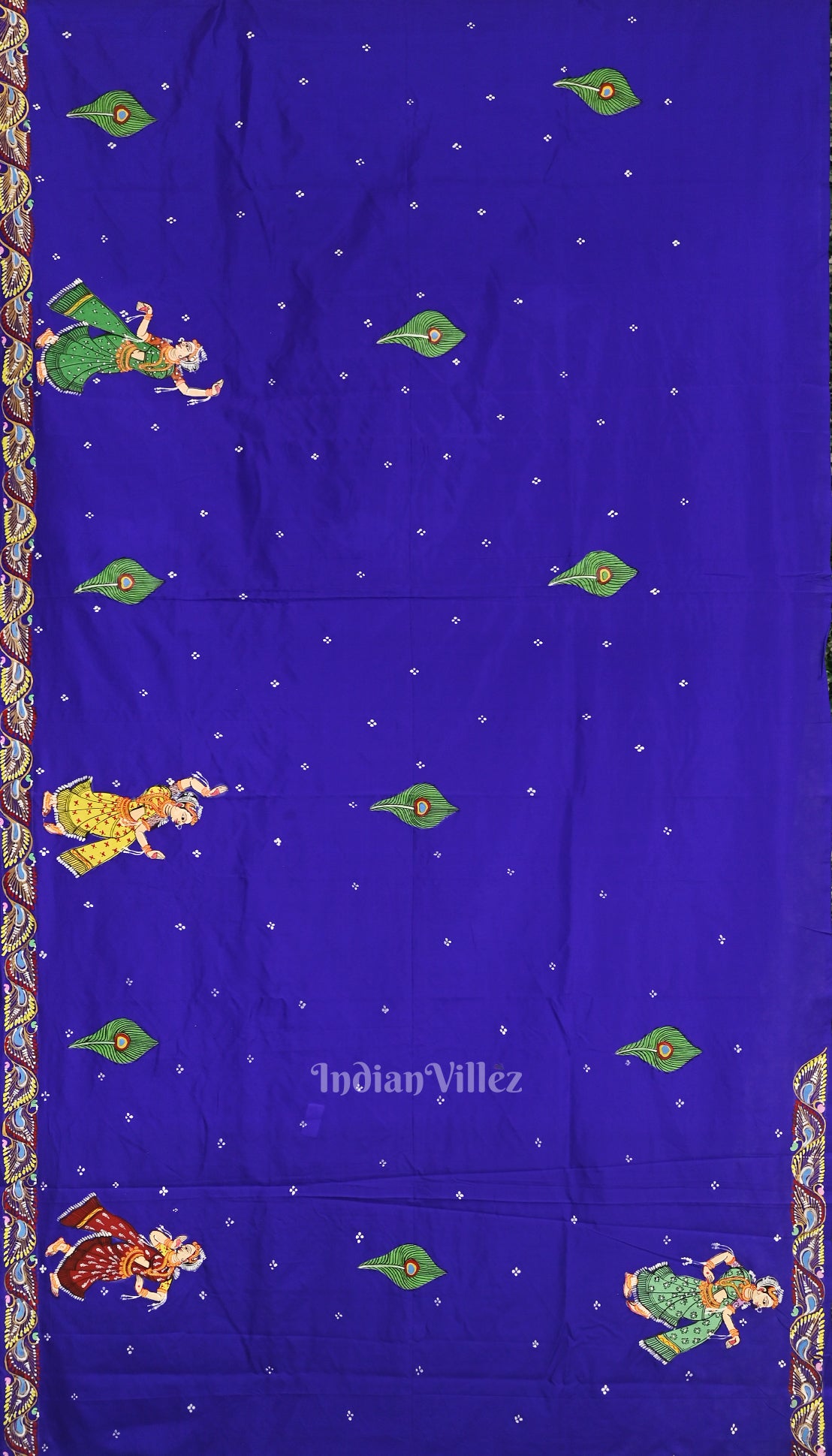 Green with Krishna Radha Theme Hand-Painted Pattachitra Saree