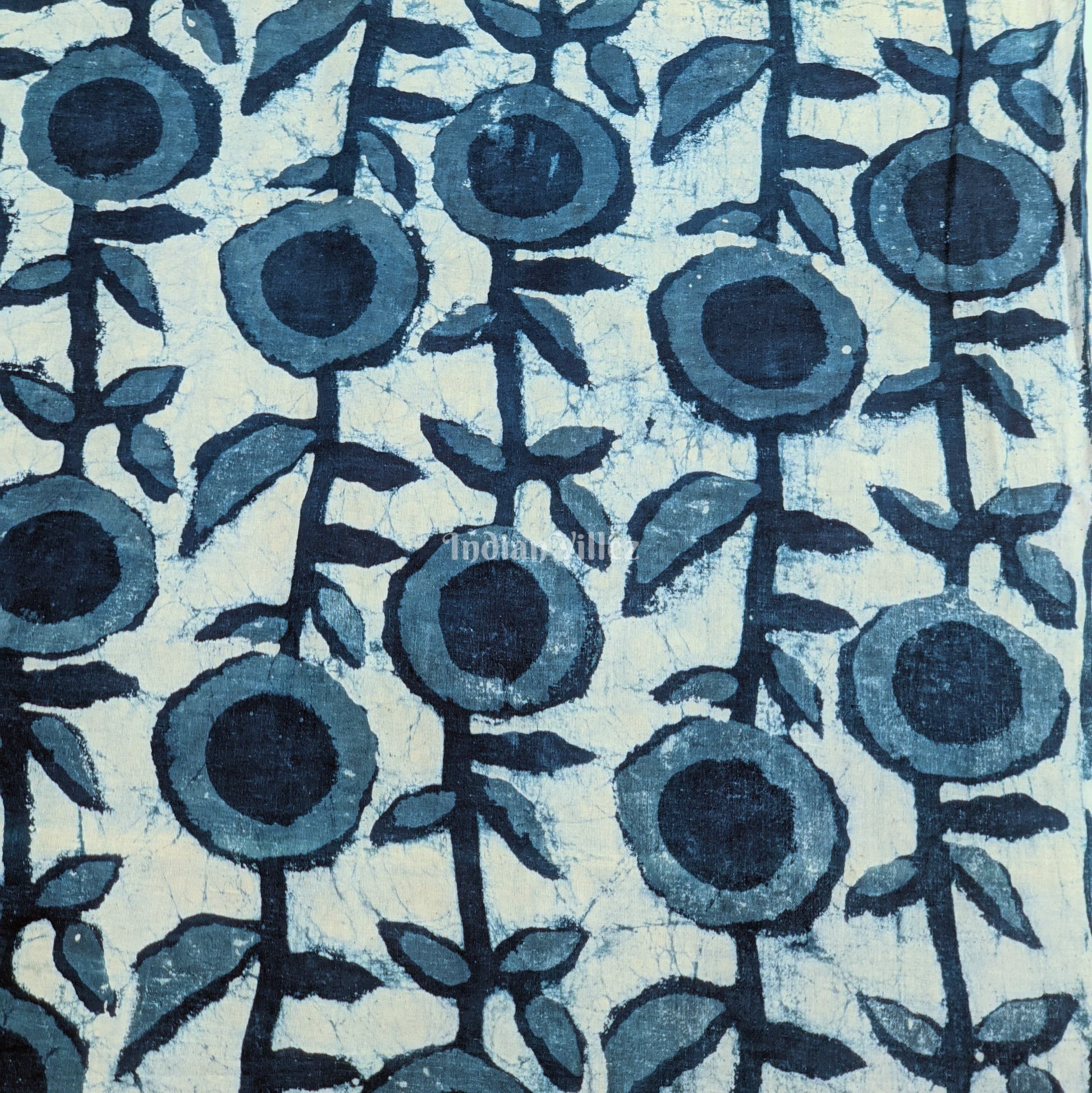 White Blue Floral Hand Block Printed Cotton Fabric