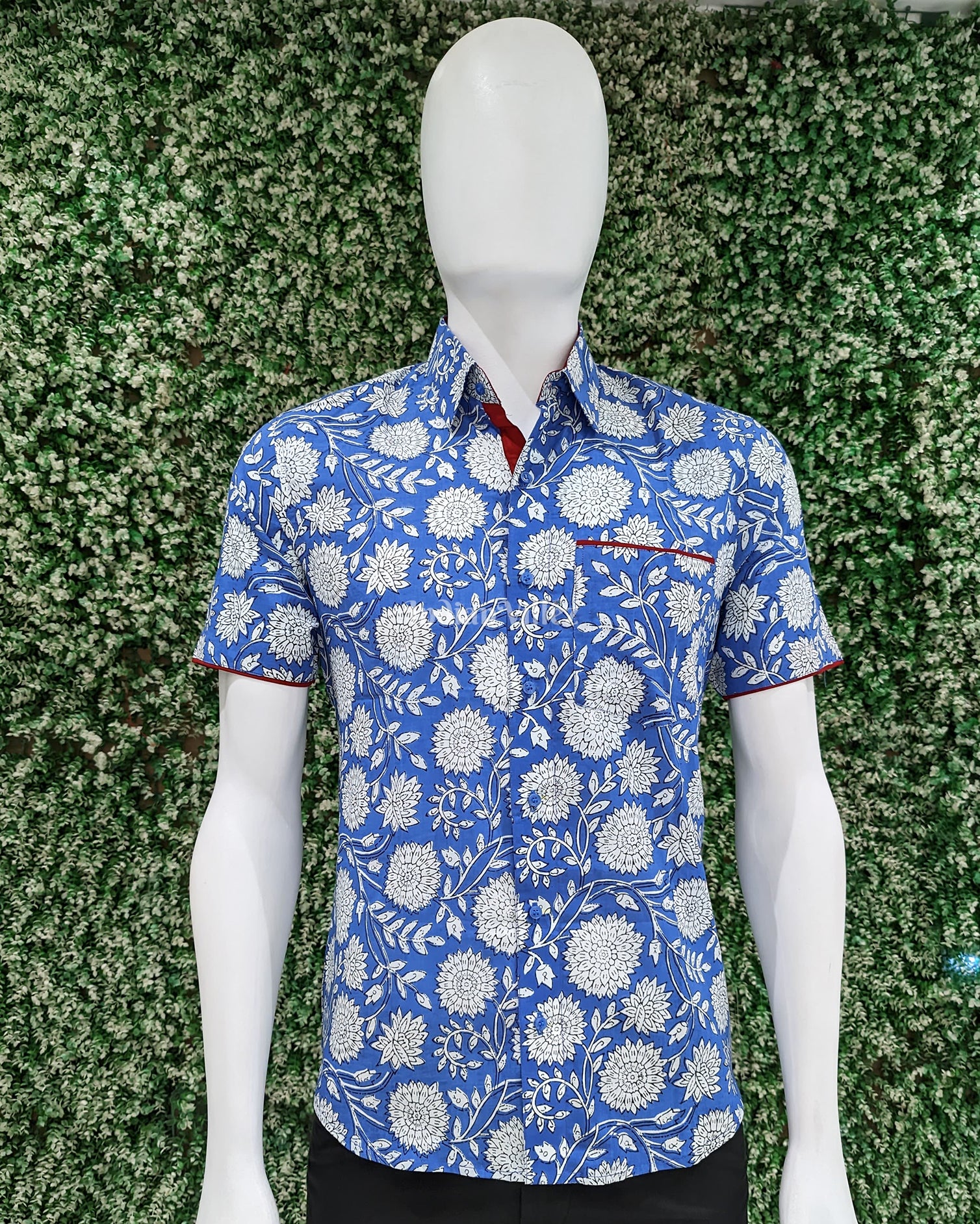 Navy Blue With White Flower Cotton Block Printed Half Sleeve Shirt for Men