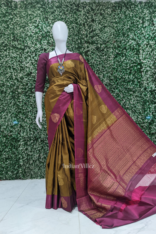 Golden Brown With Maroon Pure Kanjivaram Soft Silk Saree