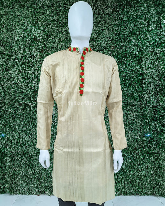 Dutch White Tussar Silk Long Kurta For Men