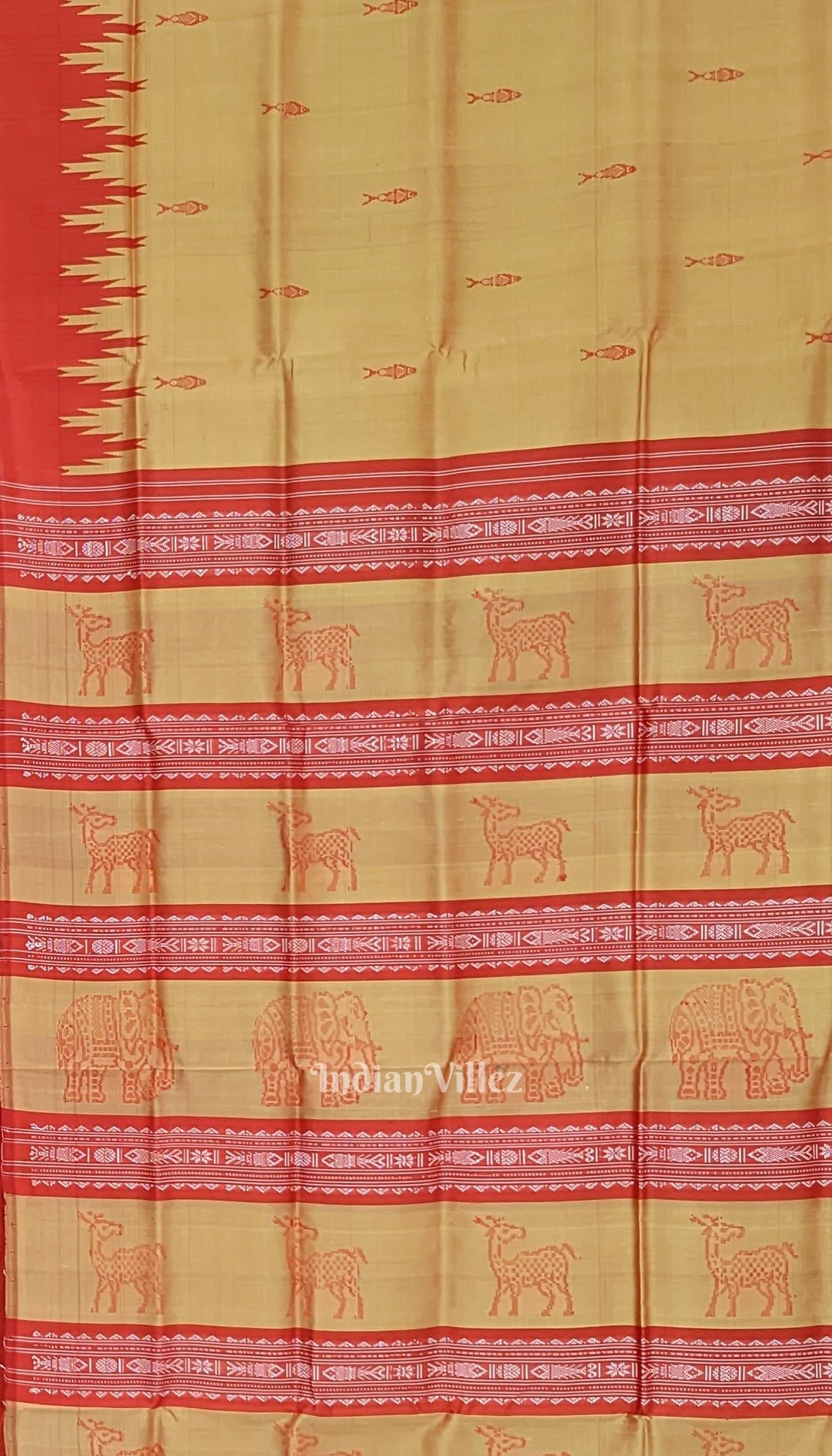 Golden Red Fish Motif Double Pallu Berhampuri Silk Saree