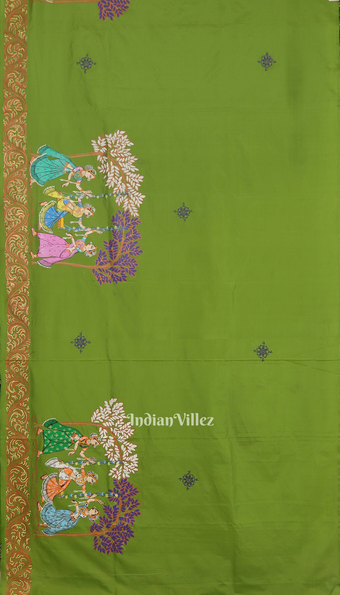 Parrot Green with Violet Raja Theme Pattachitra Silk Saree