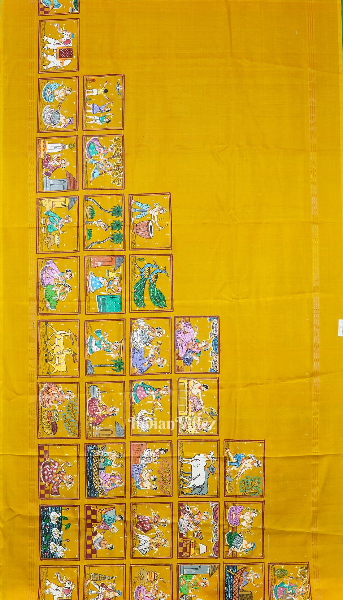 Golden Yellow Radha Krishna Village Theme Pattachitra Sare