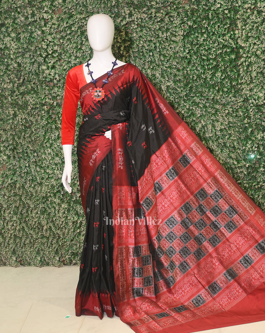 Dark Black Red Tribal Theme Bomkai Sambalpuri Silk saree