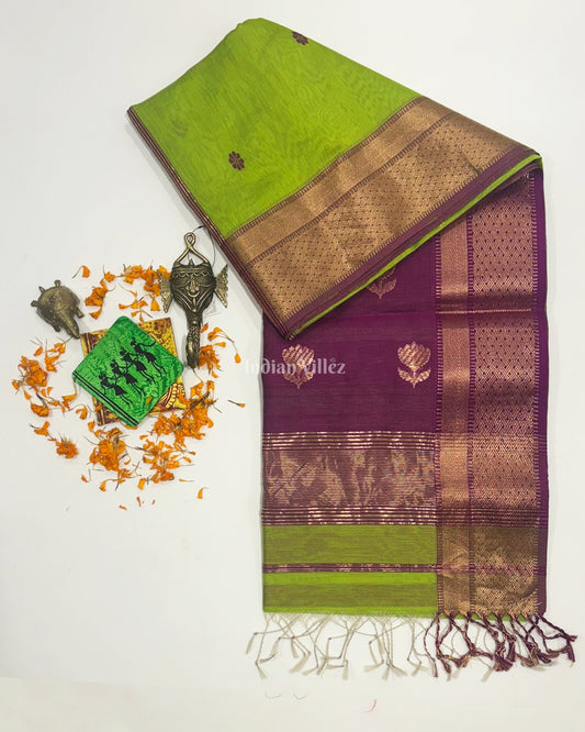 Parrot Green Butta Design Maheshwari Handloom Cotton*Silk Saree