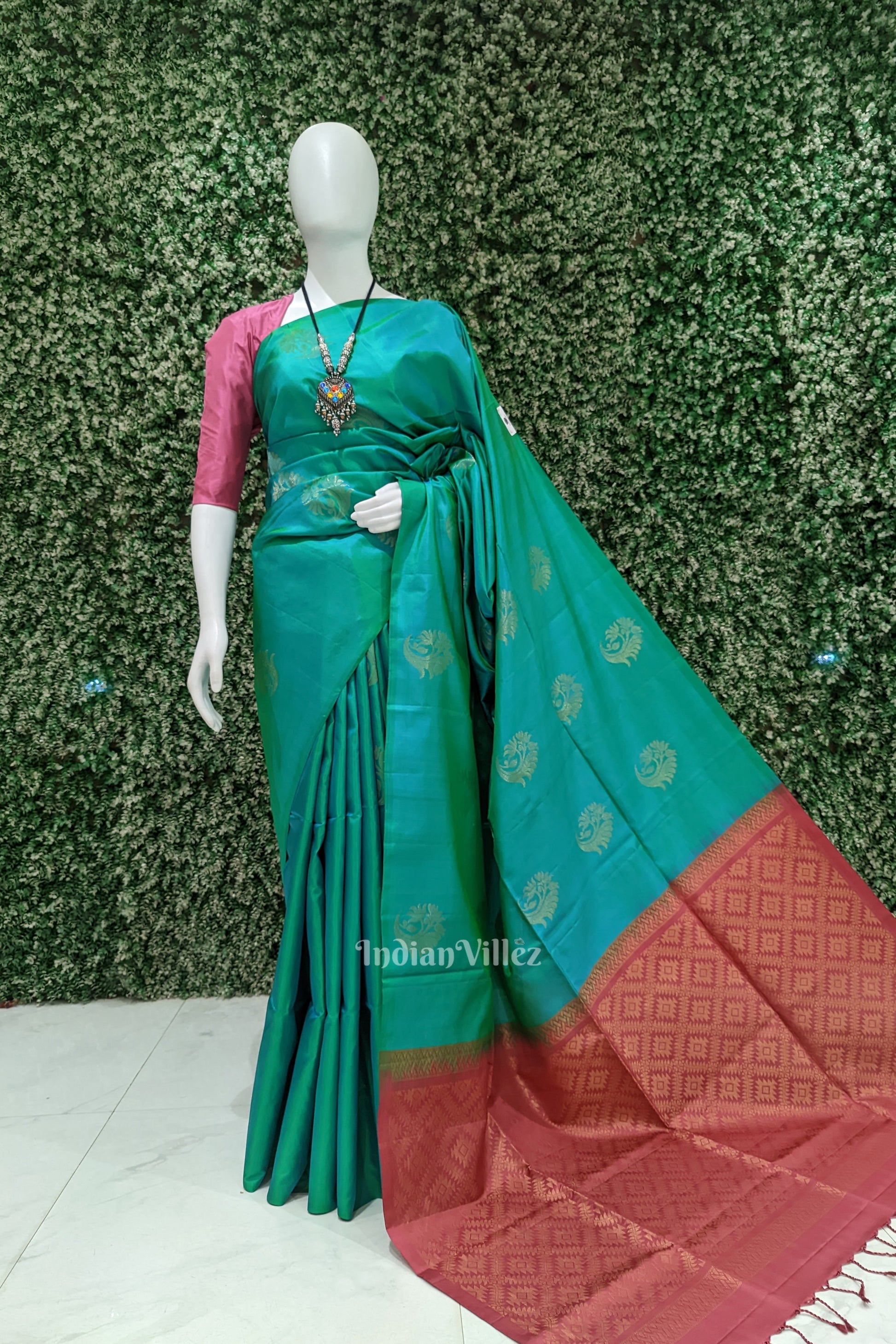 Sky Green With Pinkish Red Pure Kanjivaram Soft Silk Saree