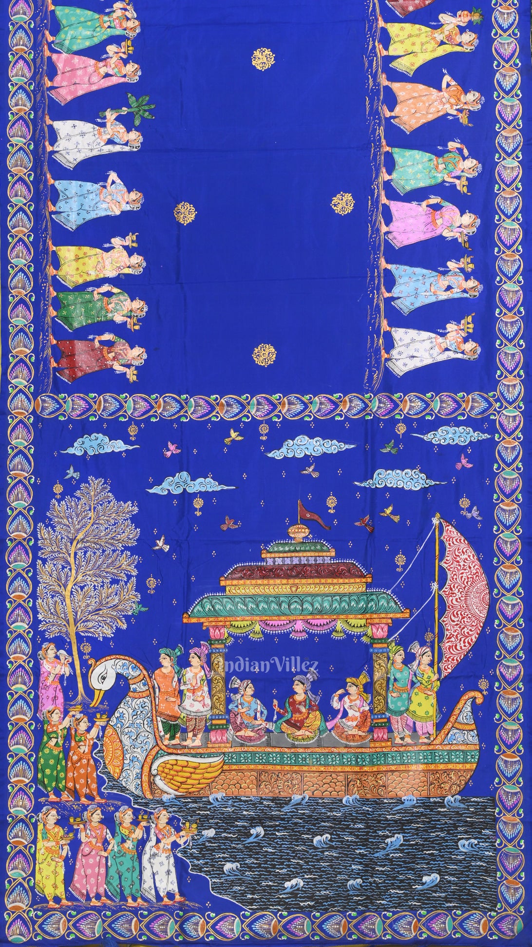 Royal Blue Yellow Boita Theme  Hand-Painted Pattachitra Saree 