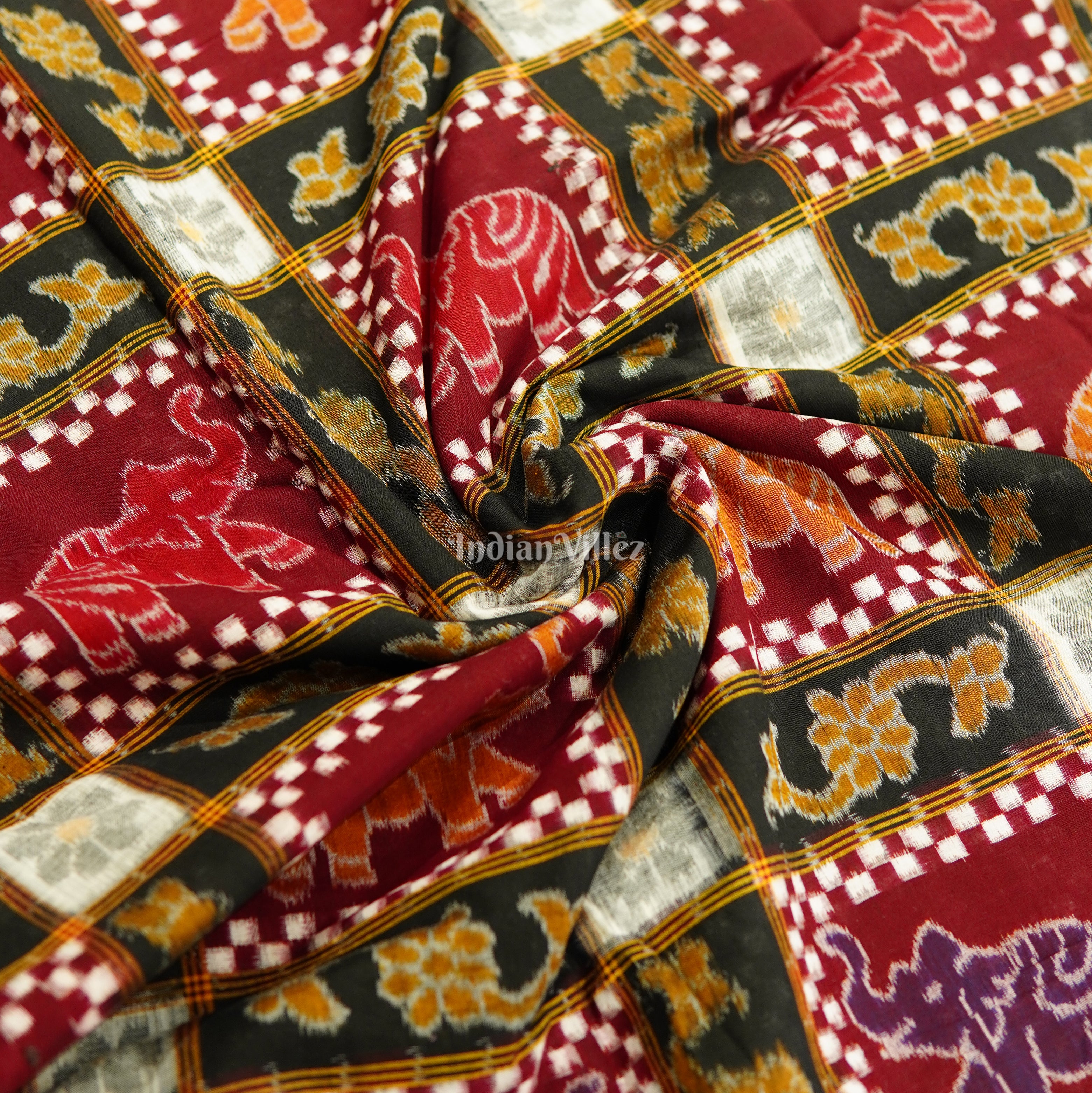 Black & Maroon Elephant Print Sambalpuri Ikat Cotton Fabric