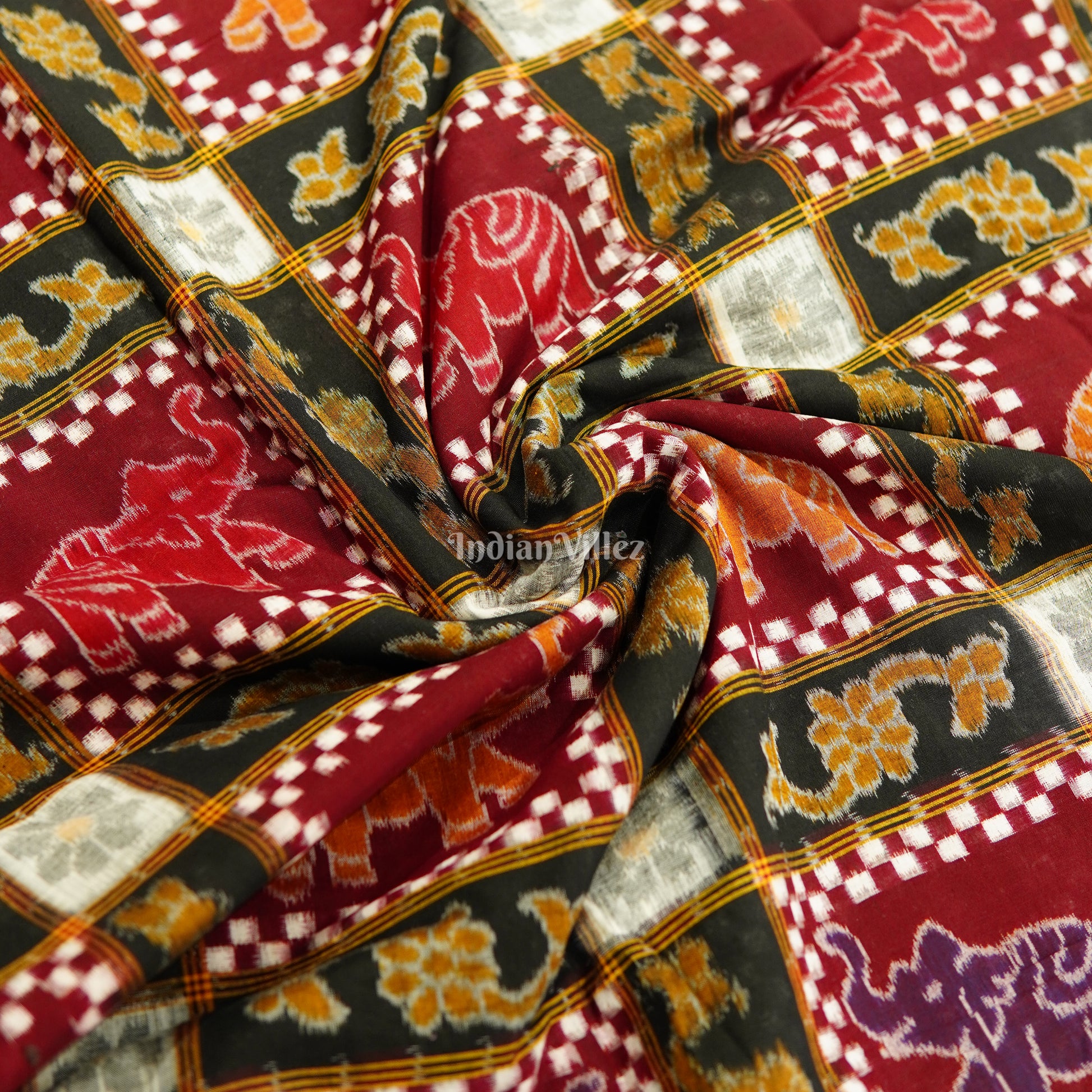 Black & Maroon Elephant Print Sambalpuri Ikat Cotton Fabric