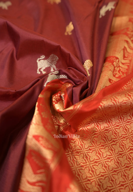 Maroon Red Lion Motif Designer Katan Banarasi Silk Saree