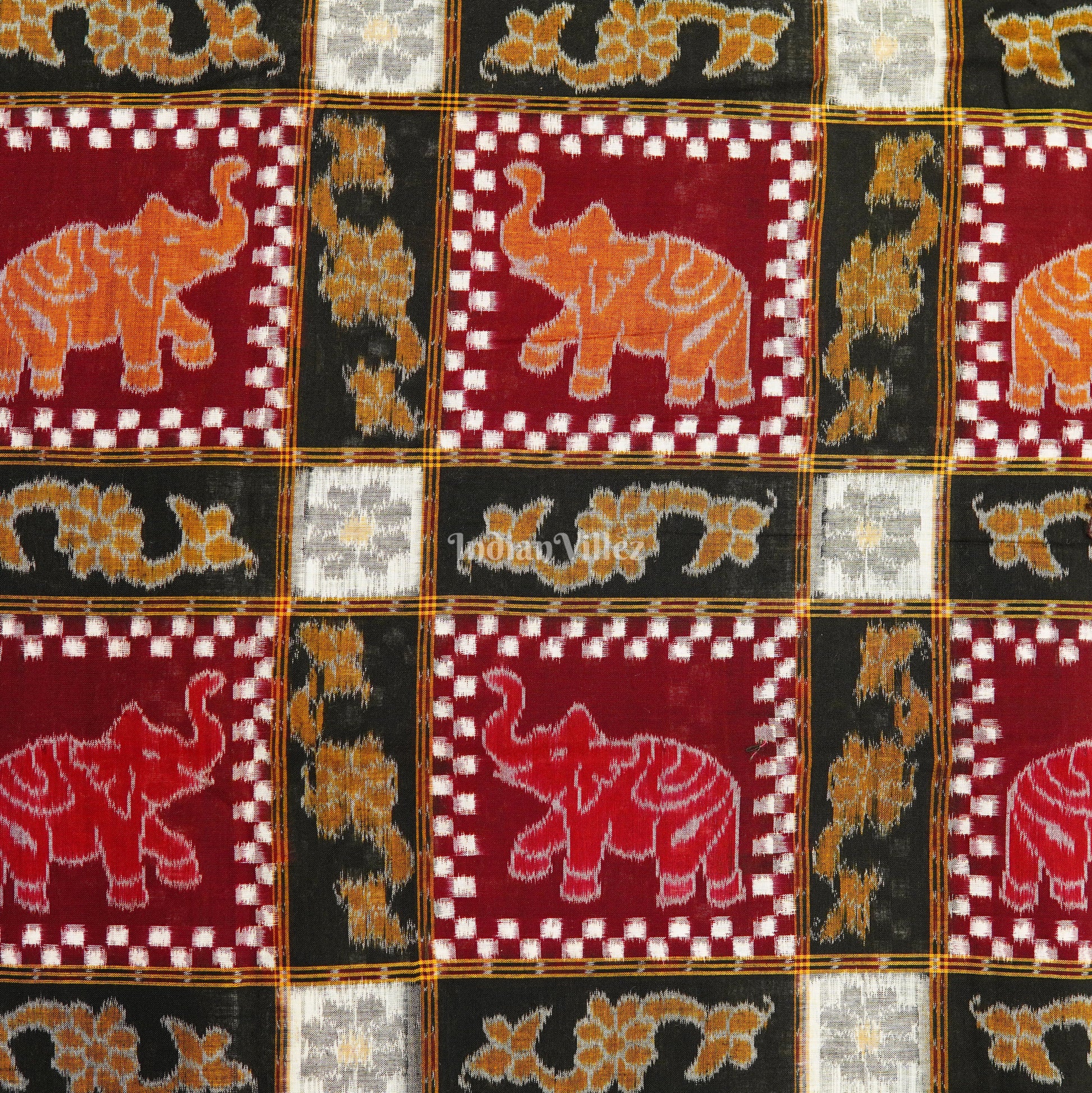 Black & Maroon Elephant Print Cotton Ikat Handloom Fabric