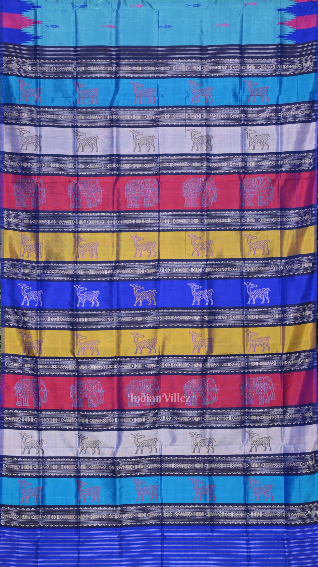 Sky Blue with Fish Motif Double Pallu Berhampuri Silk Saree