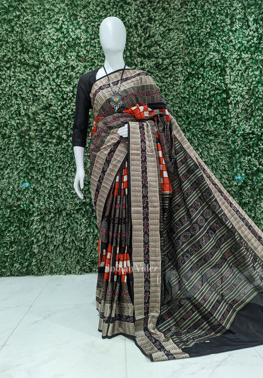 Orange Black Pasapali Themed Bichitrapuri Silk Saree