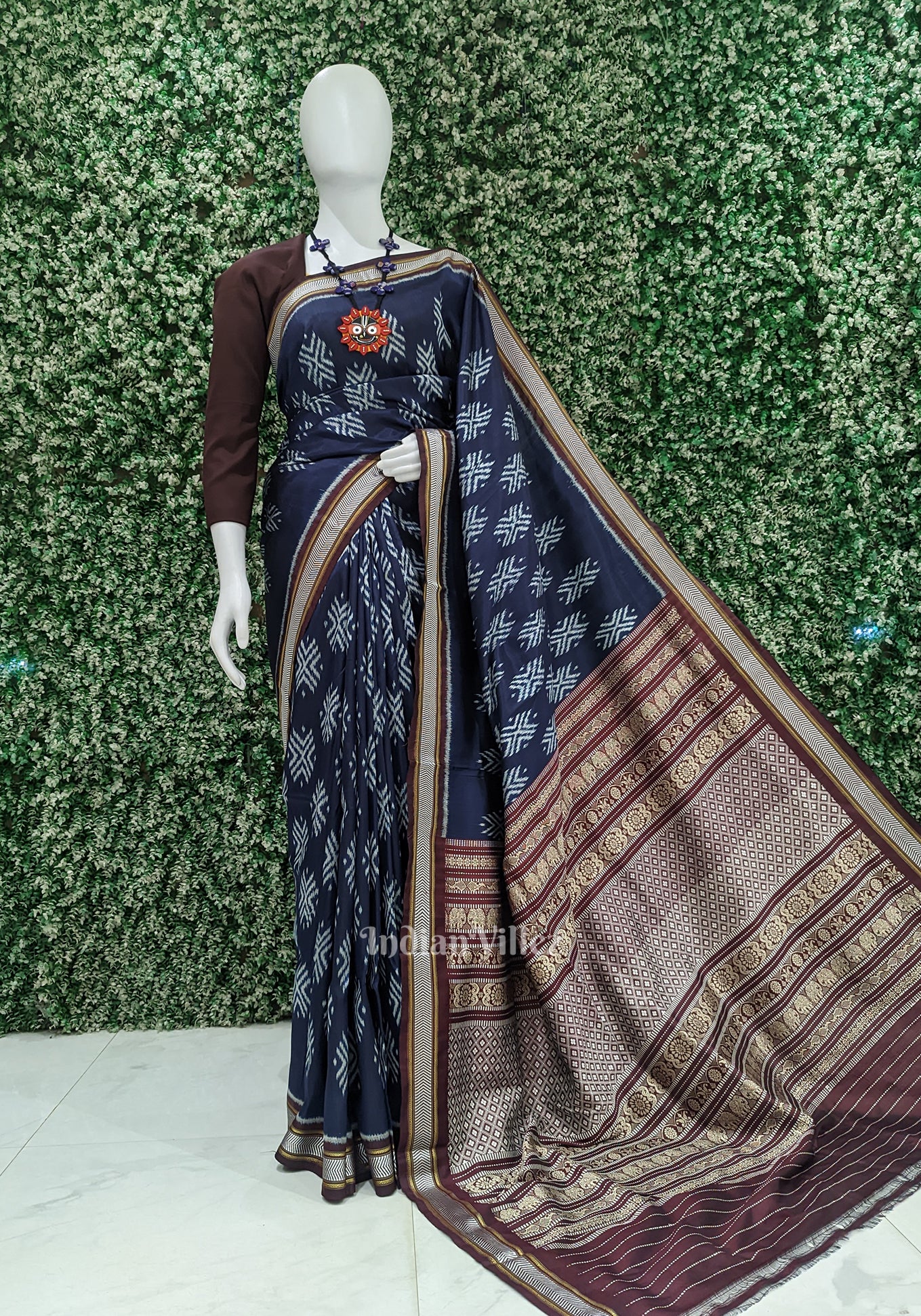 Navy Blue with Maroon Odisha Ikat Contemporary Silk Saree