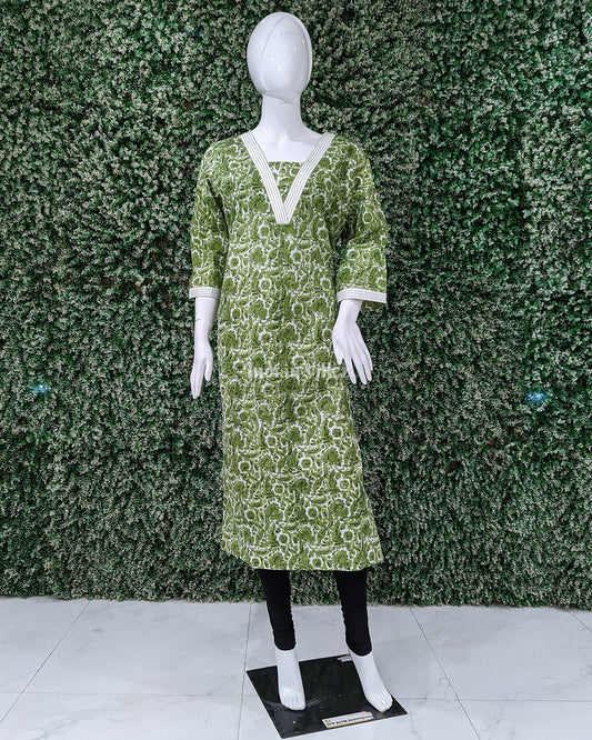 Green Cotton Block Printed Kurti for Women