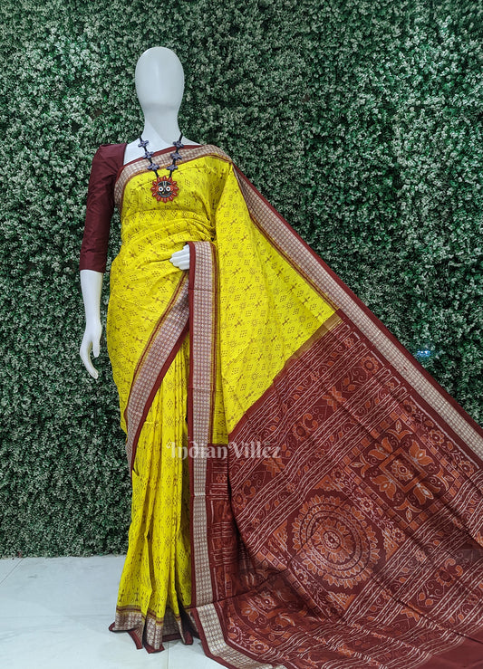 Lemon Yellow Maroon Tribal Theme Sambalpuri Silk Saree