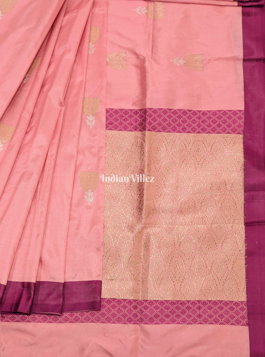 Light Pink with Violet Border Banarasi Katan Silk Saree