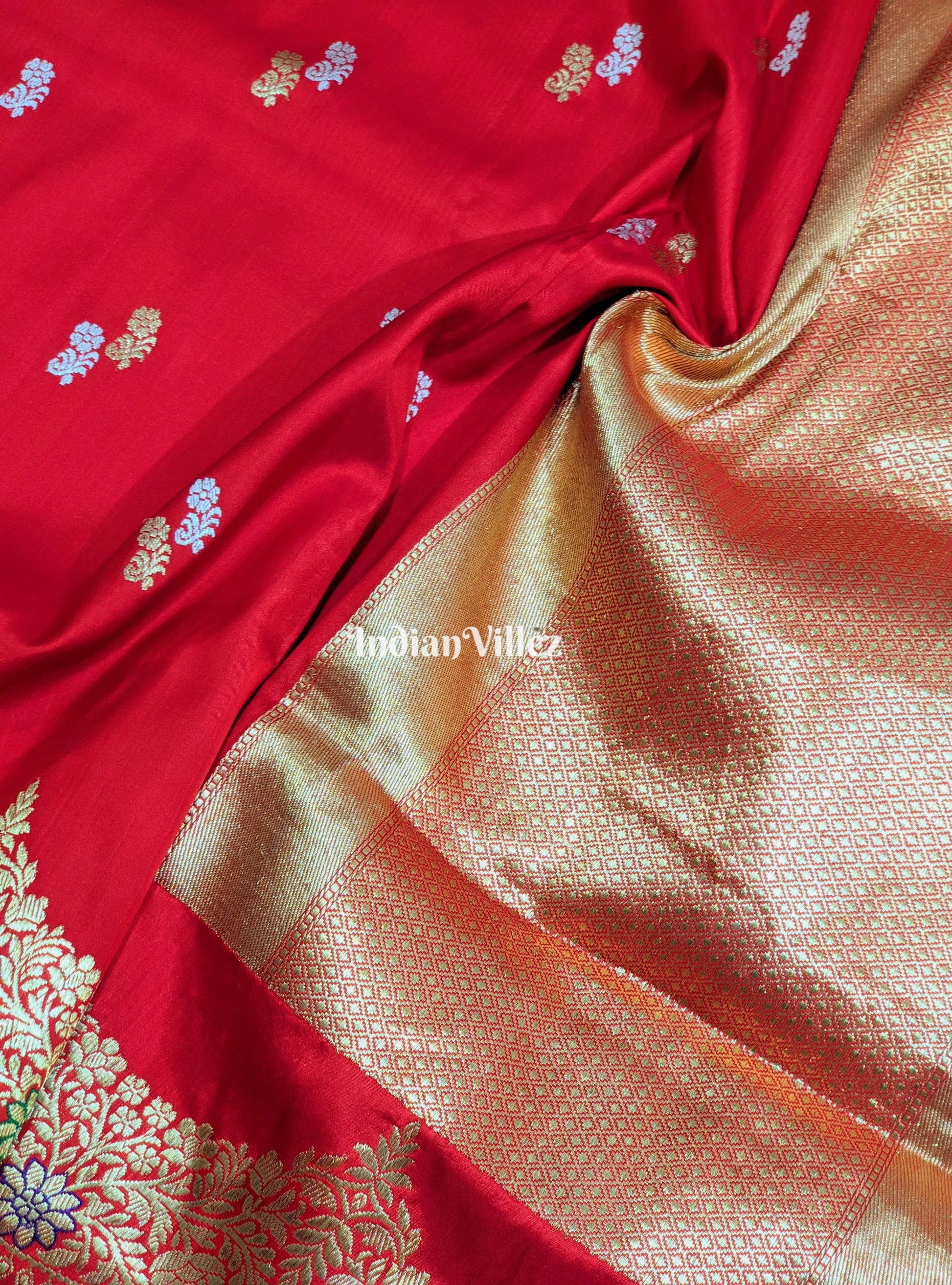 Red Floral Motif Designer Banarasi Katan Silk Saree